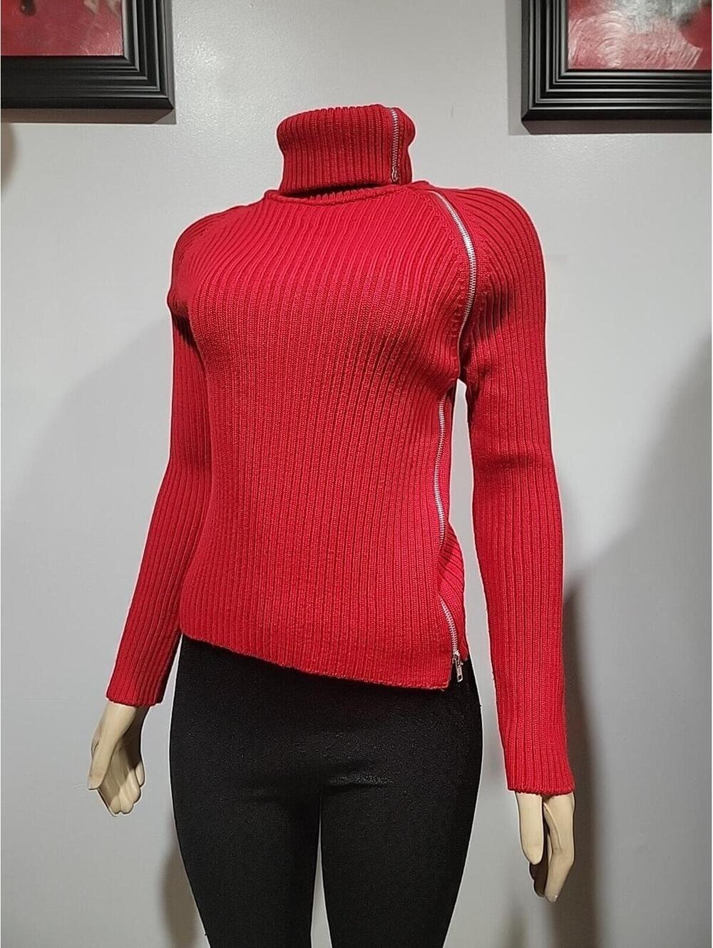 Tous Les Garcons Women's Knit Sweater Sz M Red Ribbed Asymmetrical Zip Detail #C